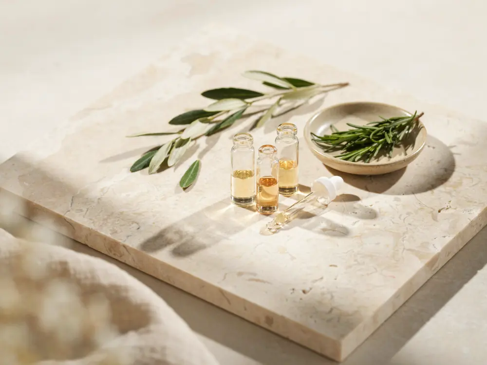 Frascos y rama de olivo sobre travertino