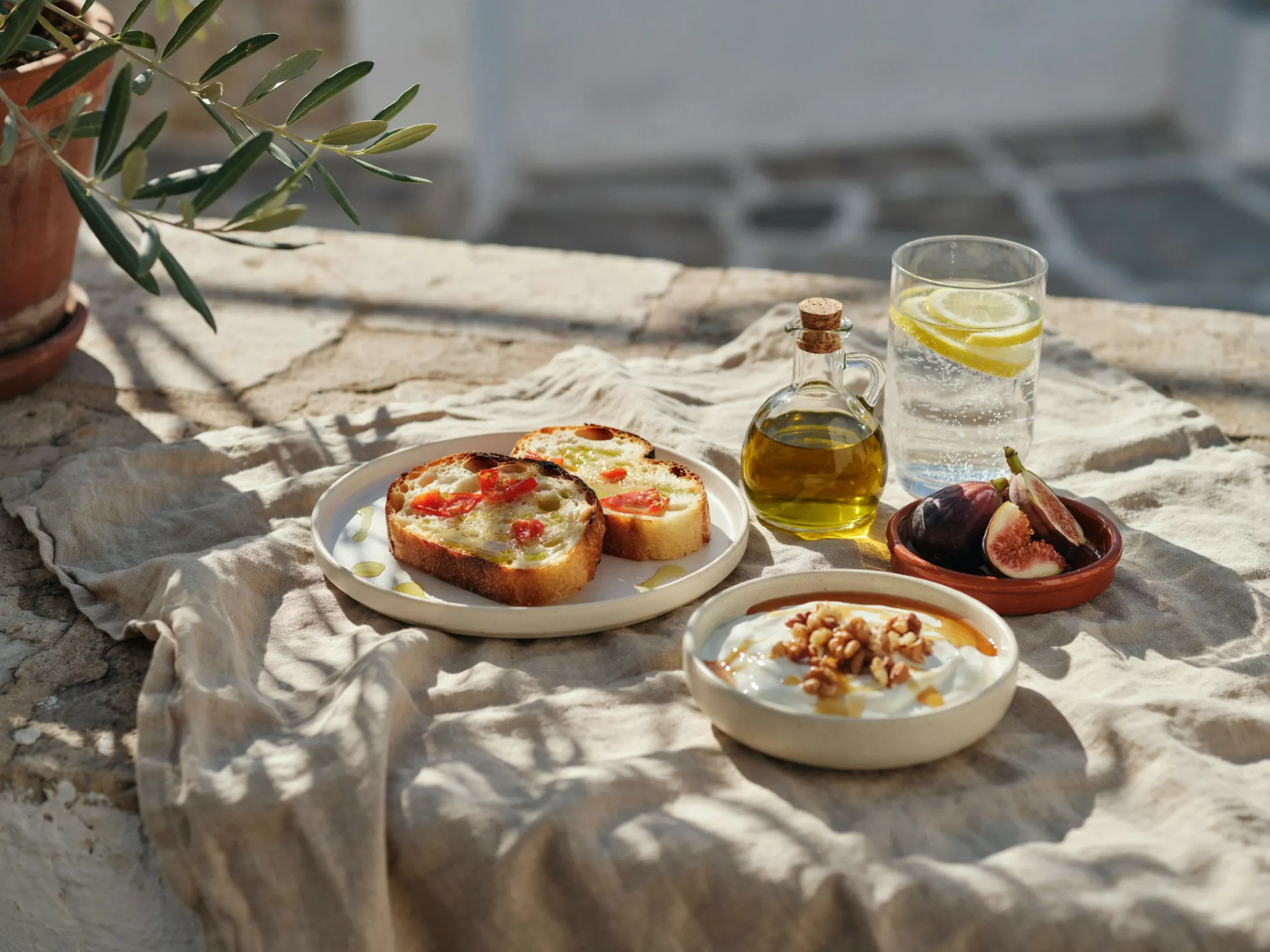Desayuno mediterráneo al sol: tostadas con tomate, aceite de oliva, yogur con nueces e higos
